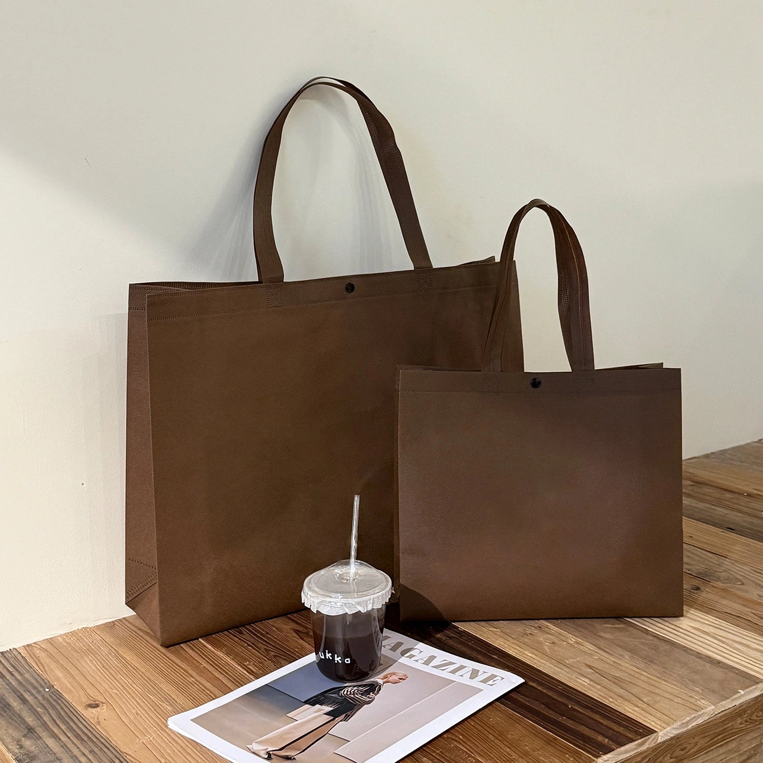 Brown Plain webbing-handle non-woven tote bags — 6 styles