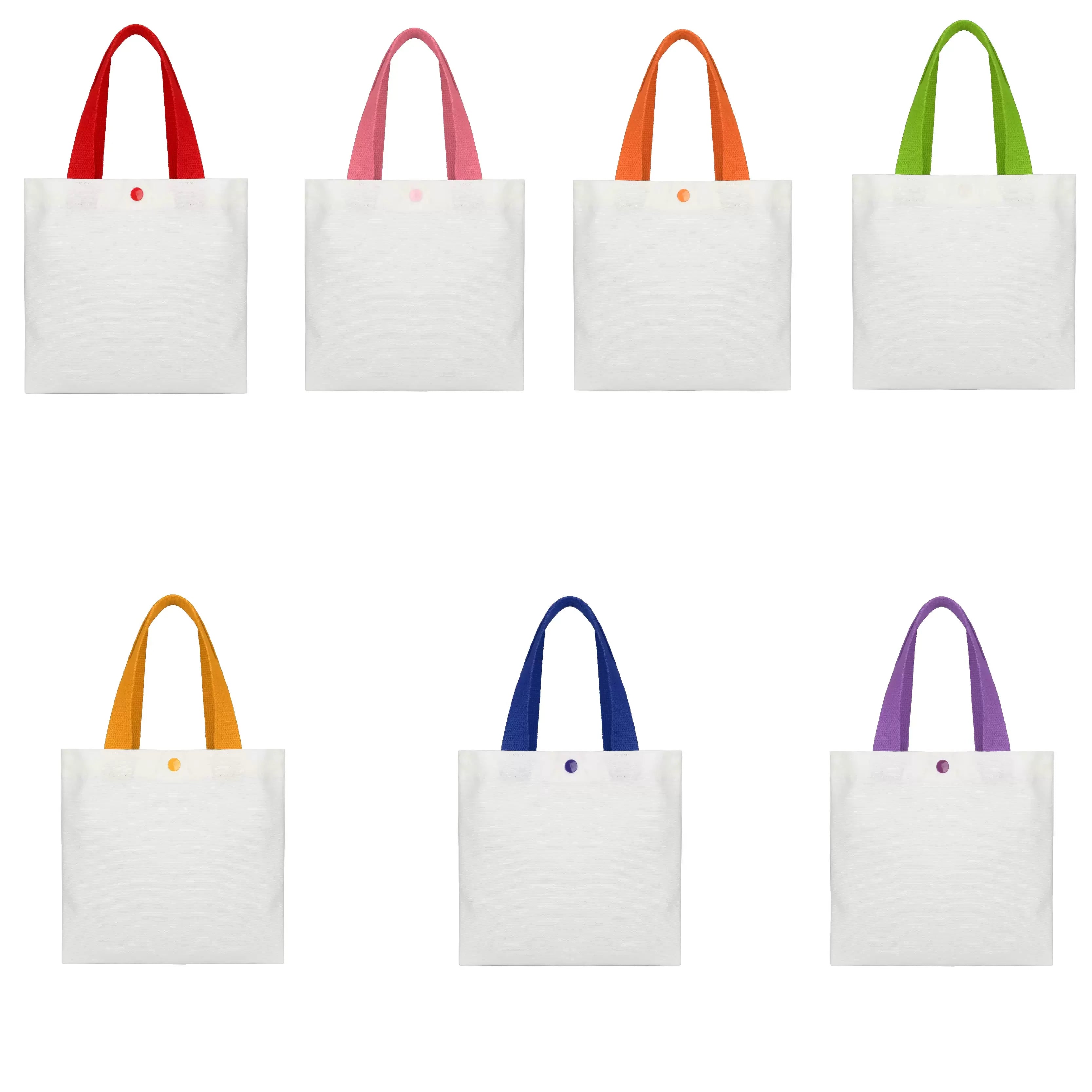White canvas tote bags with assorted colored handles and snap closures