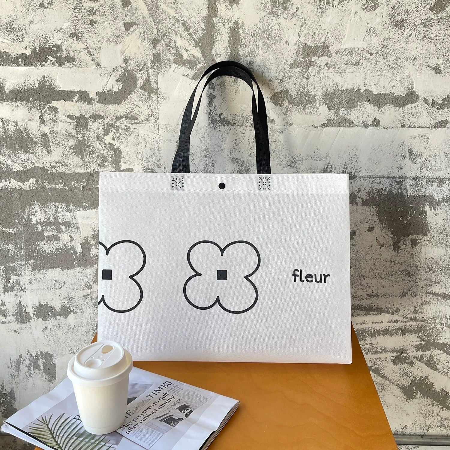 White – Four-Leaf Flower snap-closure non-woven tote bag
