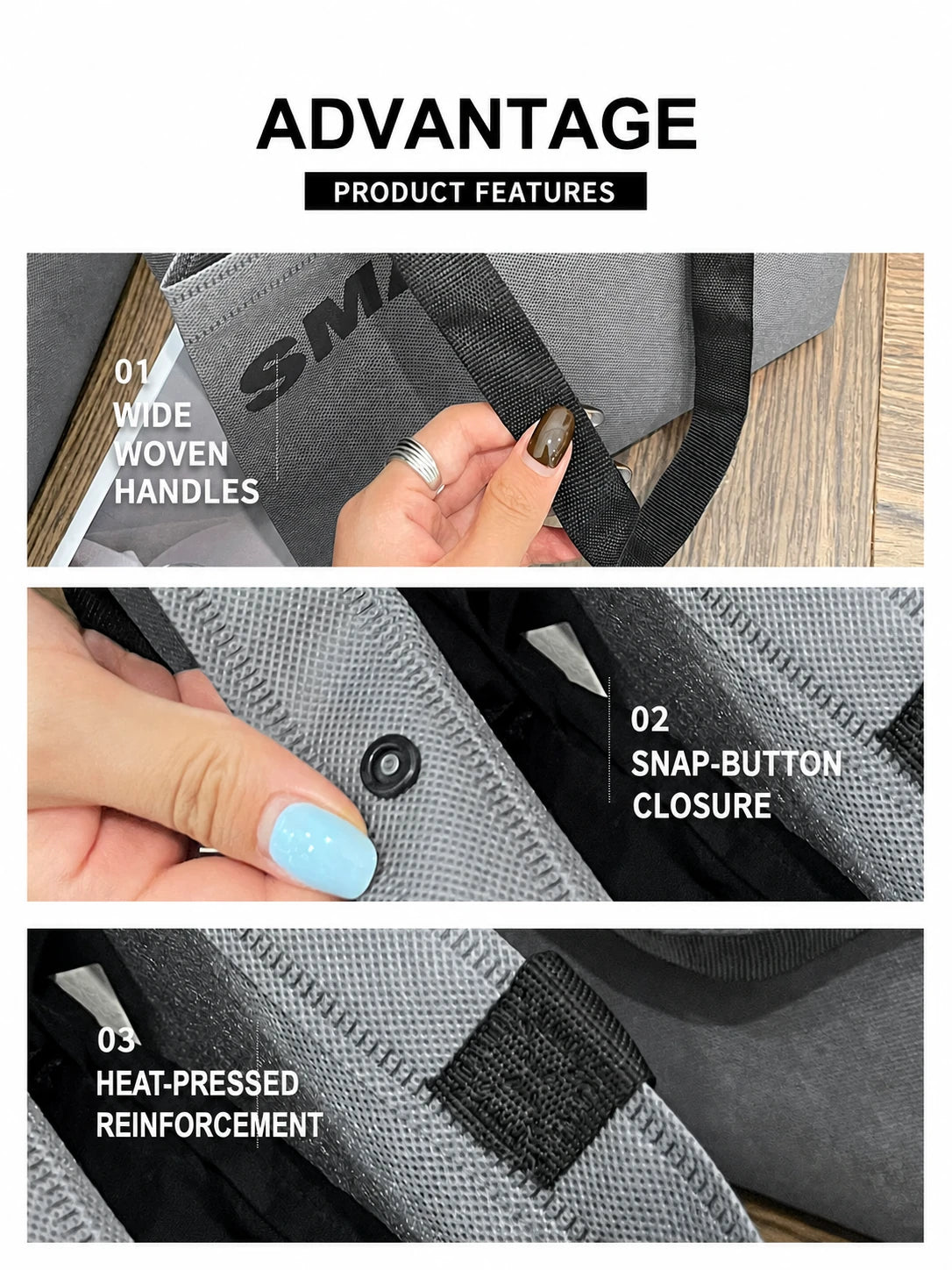 Woven handles, snap-button closure and reinforced attachment details