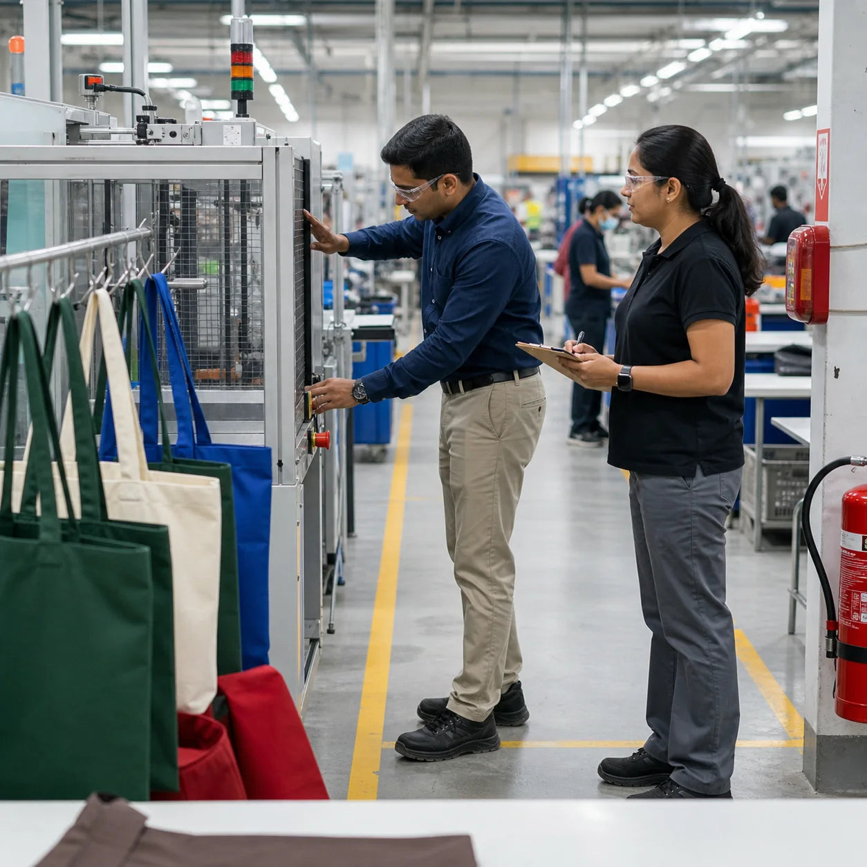 Factory compliance walkthrough checking machine guards and workplace safety