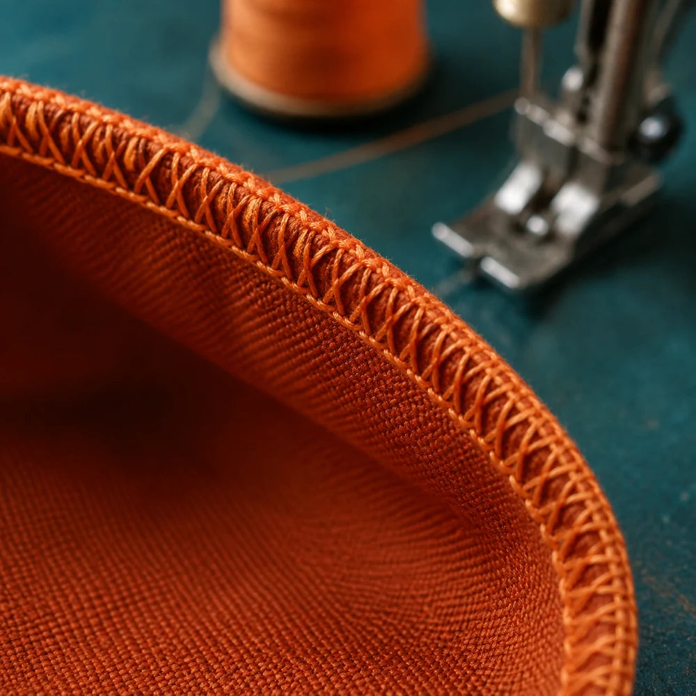 Dense overlock stitching enclosing a rust canvas drawstring bag seam
