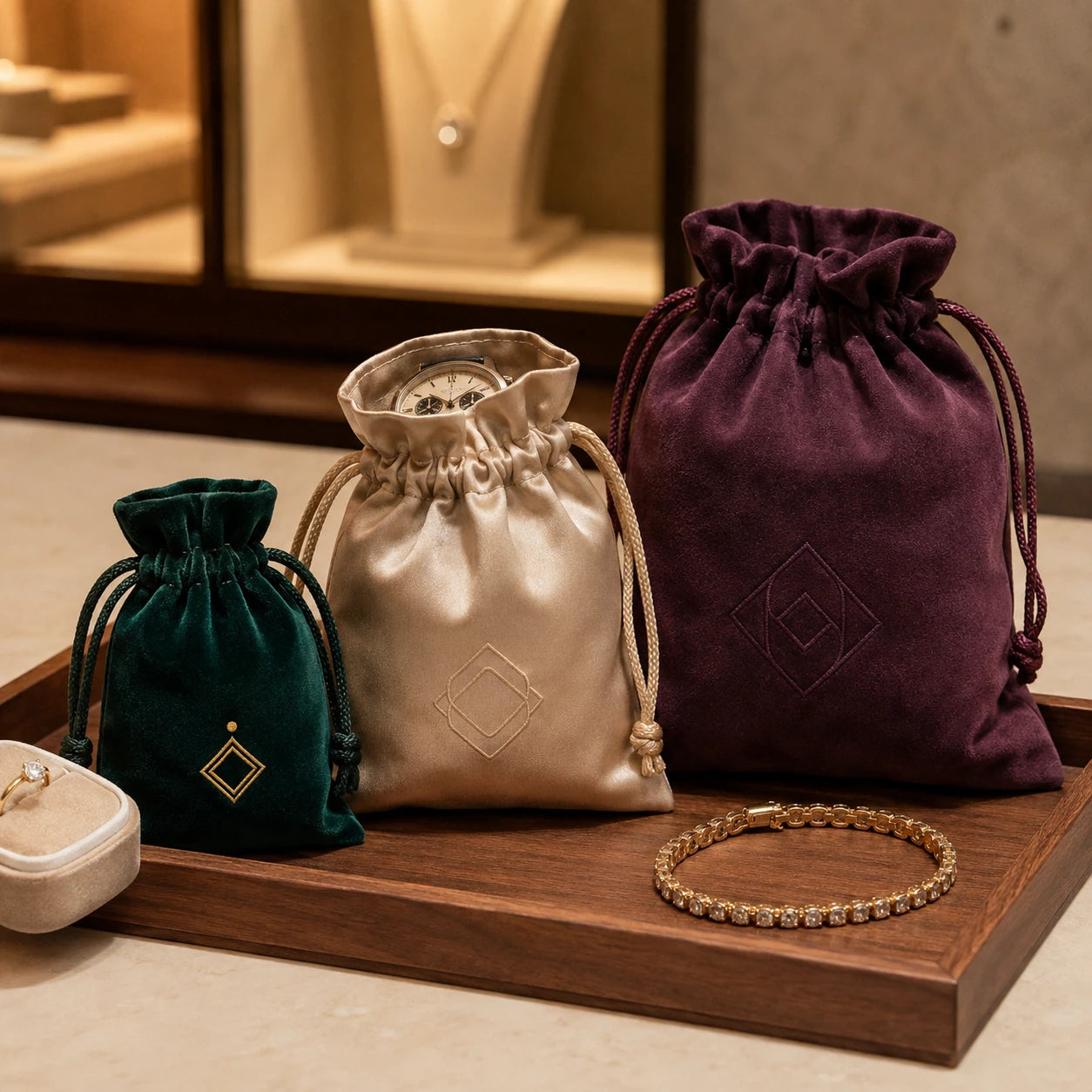Realistically sized velvet, satin and suede drawstring pouches for rings, watches and small gifts