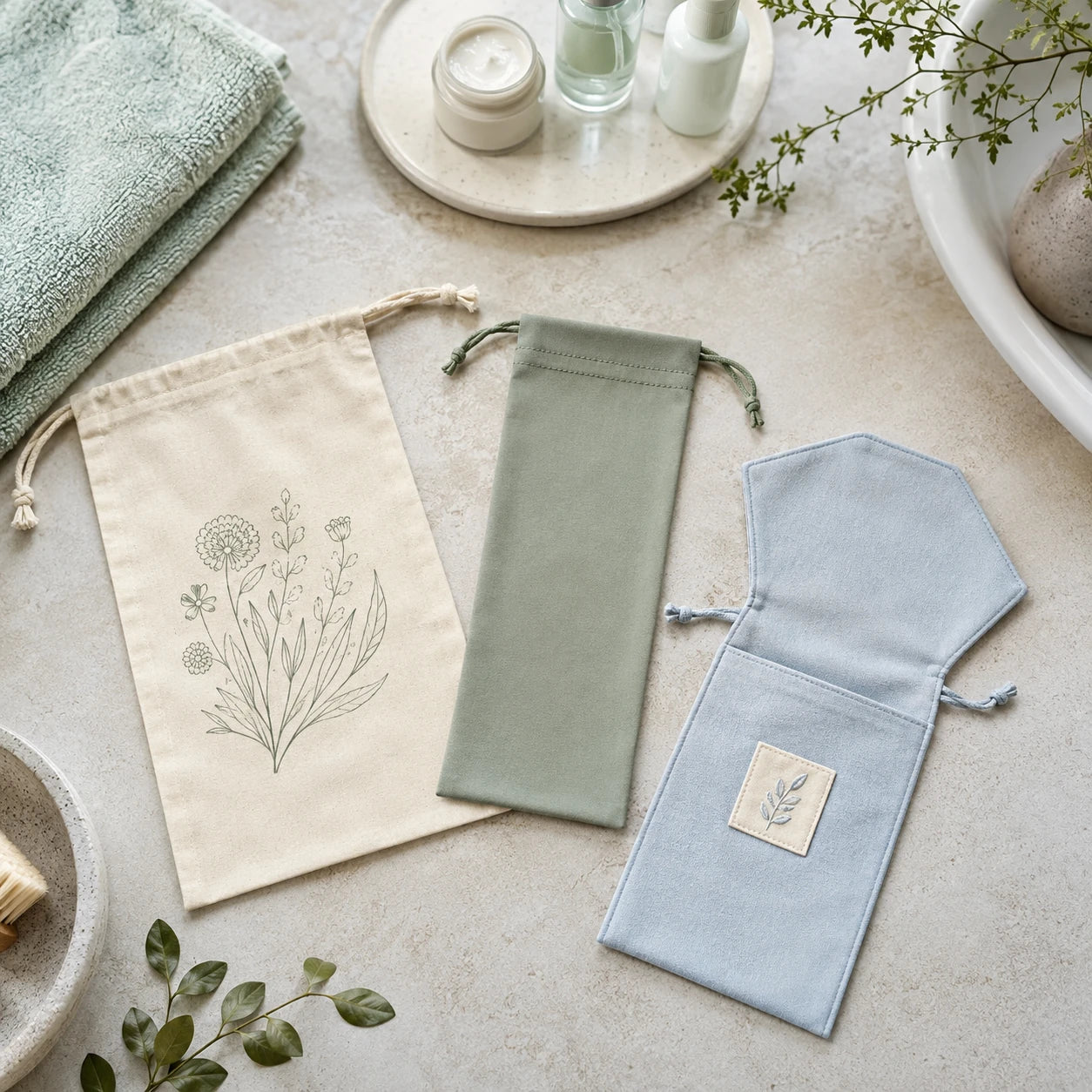 Flat muslin, cotton and microfiber drawstring pouches for skincare samples and small accessories