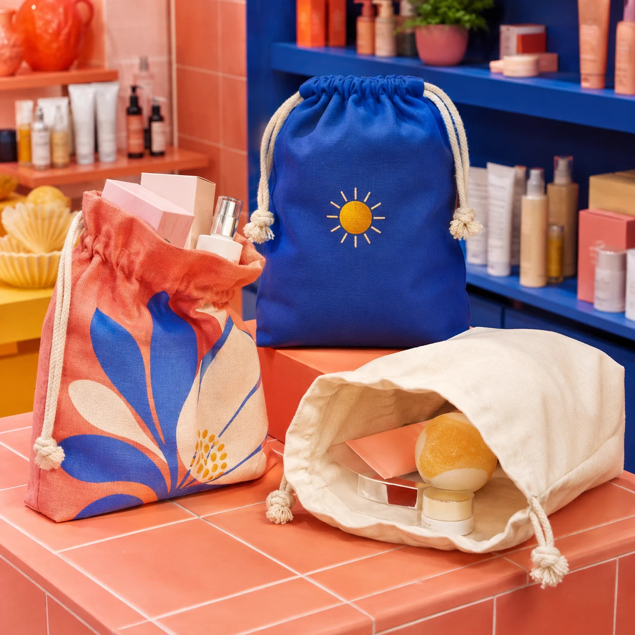 Custom gusseted linen and box-bottom canvas drawstring bags for cosmetic gift sets