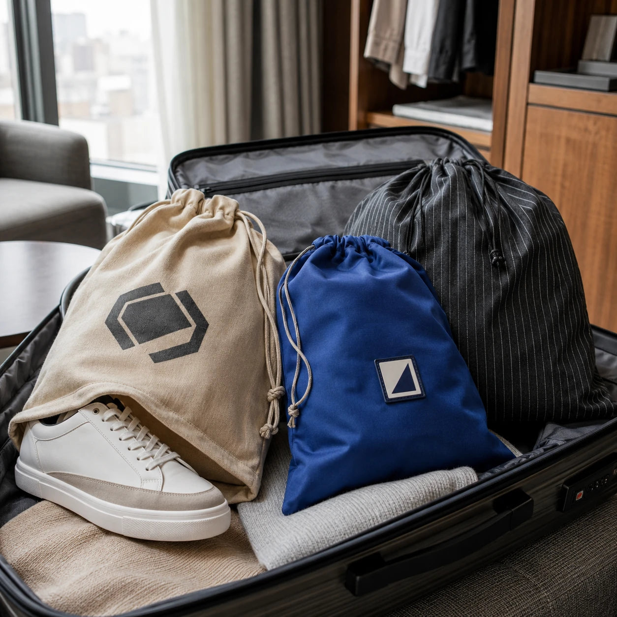 Custom cotton and recycled polyester shoe and fashion dust bags arranged in a travel suitcase