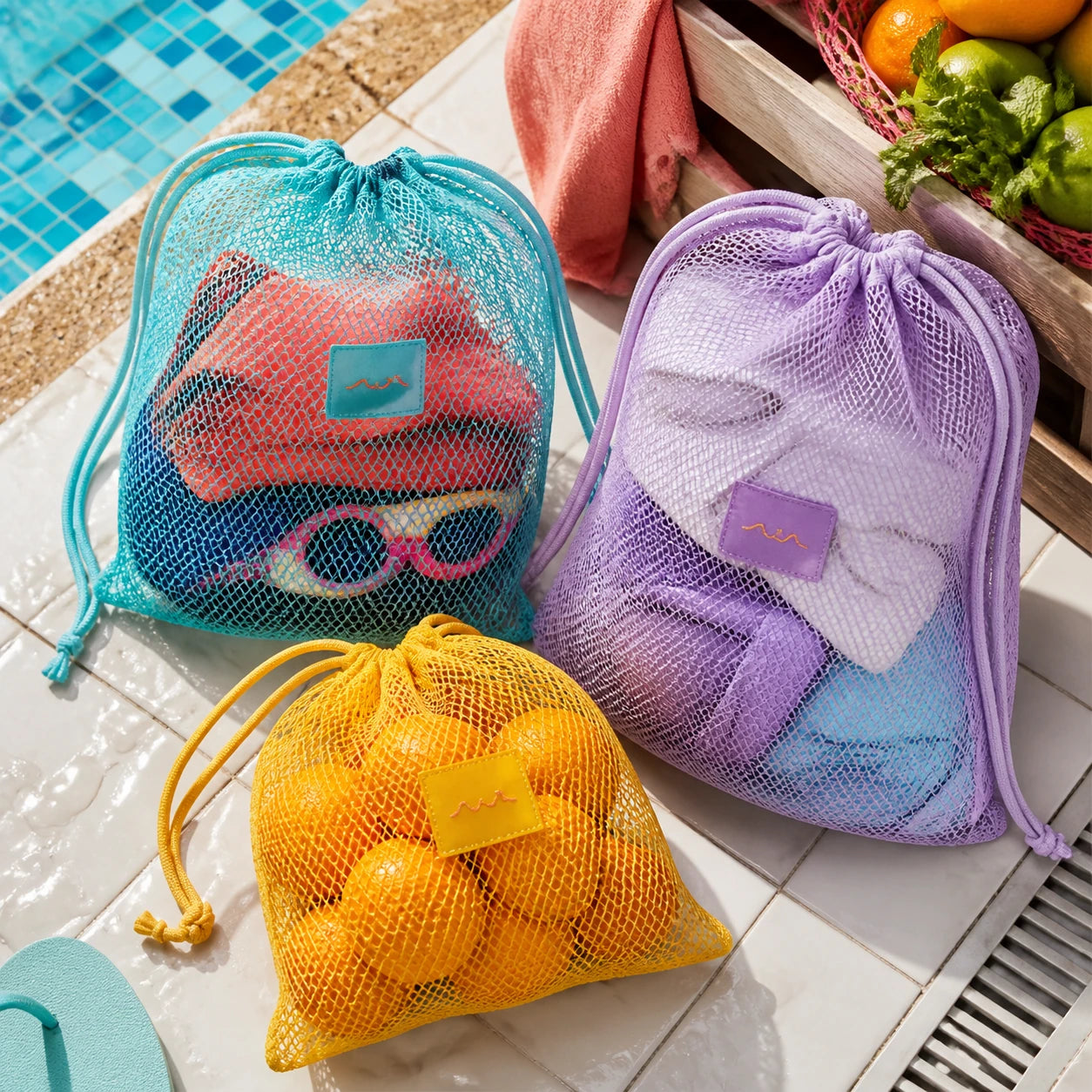 Custom breathable mesh drawstring bags for swim gear, laundry and fresh produce