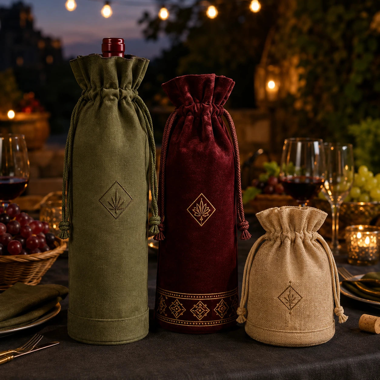 Round-bottom canvas, velvet and jute drawstring bottle bags for wine and hospitality gifting