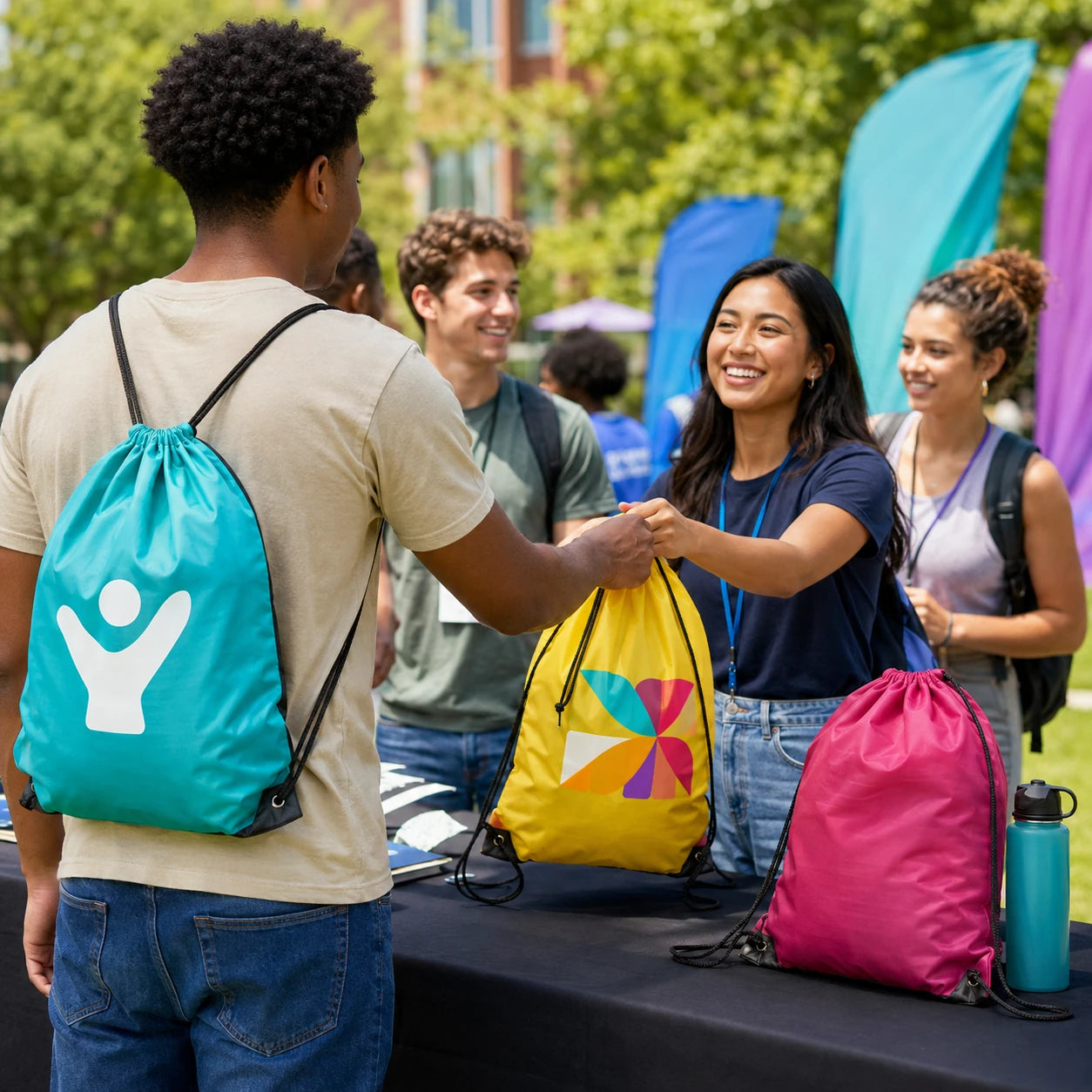 Colorful custom polyester and recycled fabric cinch backpacks at a campus event